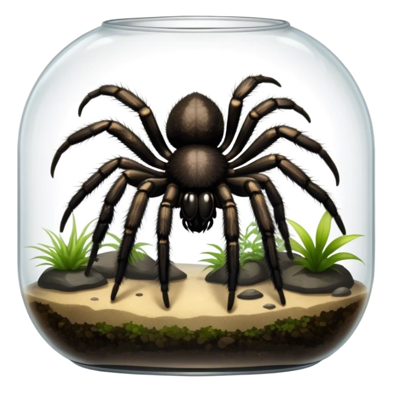 Close-up collage of a pet spider like tarantula, inside a large terrarium. Soft natural lighting highlights their textures and details. Transparent background sticker