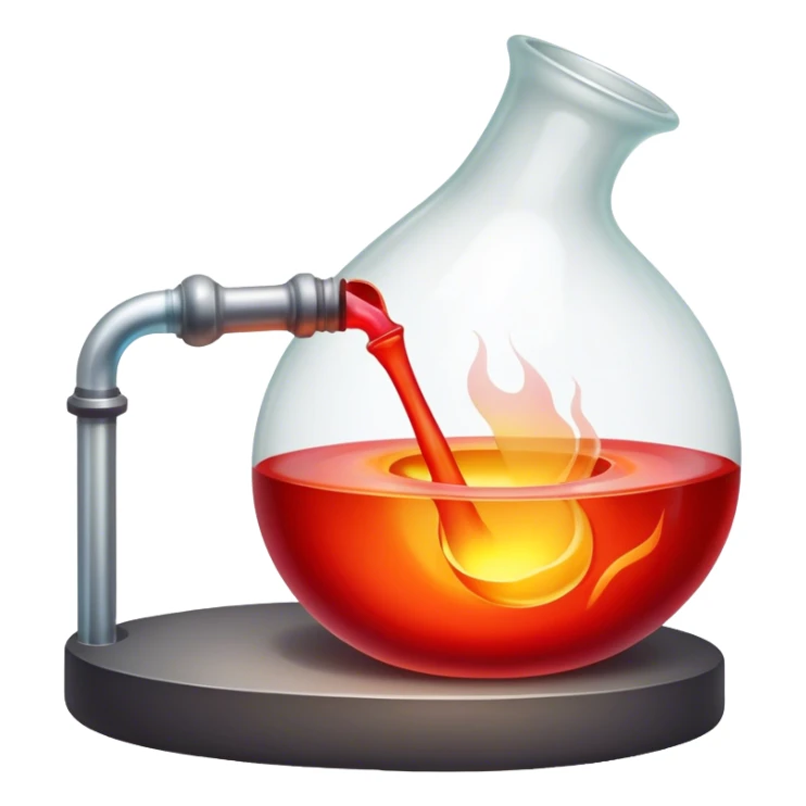 Glassblowing and casting icon, molten glass being shaped into a delicate object with a blowpipe, glowing red-hot glass being poured into a mold, unfinished glass sculpture, minimalistic style, clean lines, transparent background. sticker