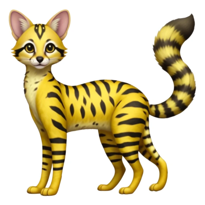 Lanky slender beautiful elegant spotted hype-realistic, black-maned, vibrant yellow Genet-Serval-Civet-fusion-hybrid-furry-fursona, full body, with a long puffy fluffy black-and-white-striped tail sticker