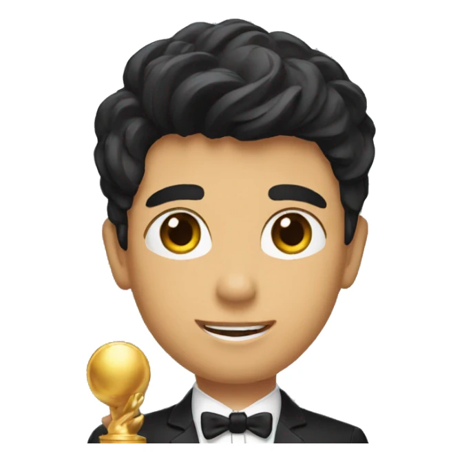 A boy with brow hair with a black suit holding a trophey  sticker