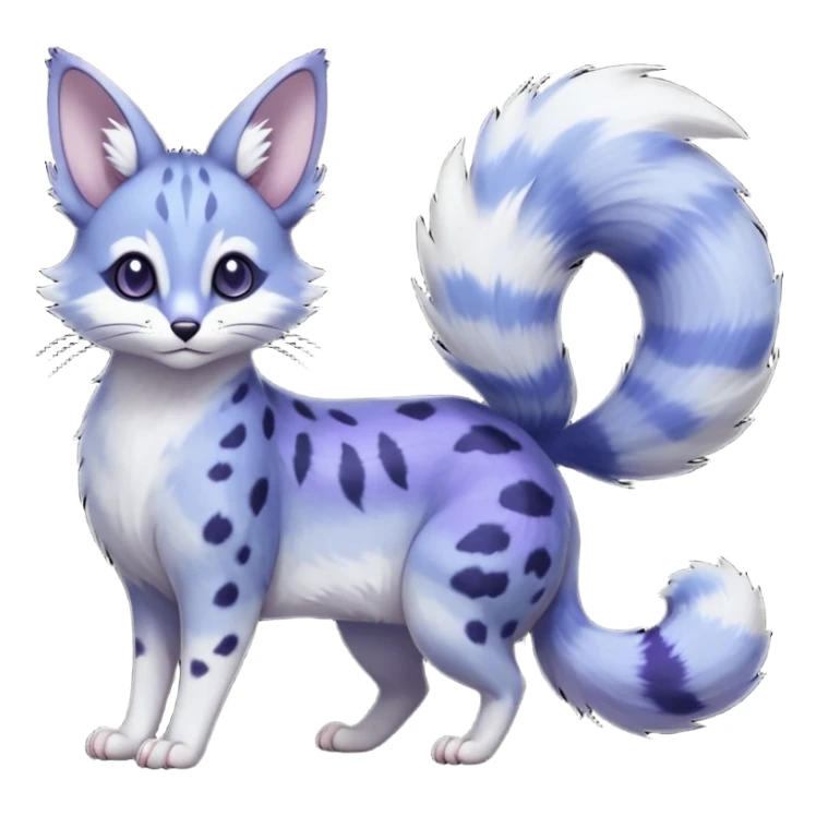  dull-colored gloomy-dark-deep-grayish-indigo-violet-gradients ghostly spectral spooky fur with random dark markings beautiful elegant pretty precious cute  Fakémon-Pokémon-opossum-feline-serval-caracal-chinchilla-Furret-Minccino-hybrid-creature with a big fluffy bushy tail (full body) sticker