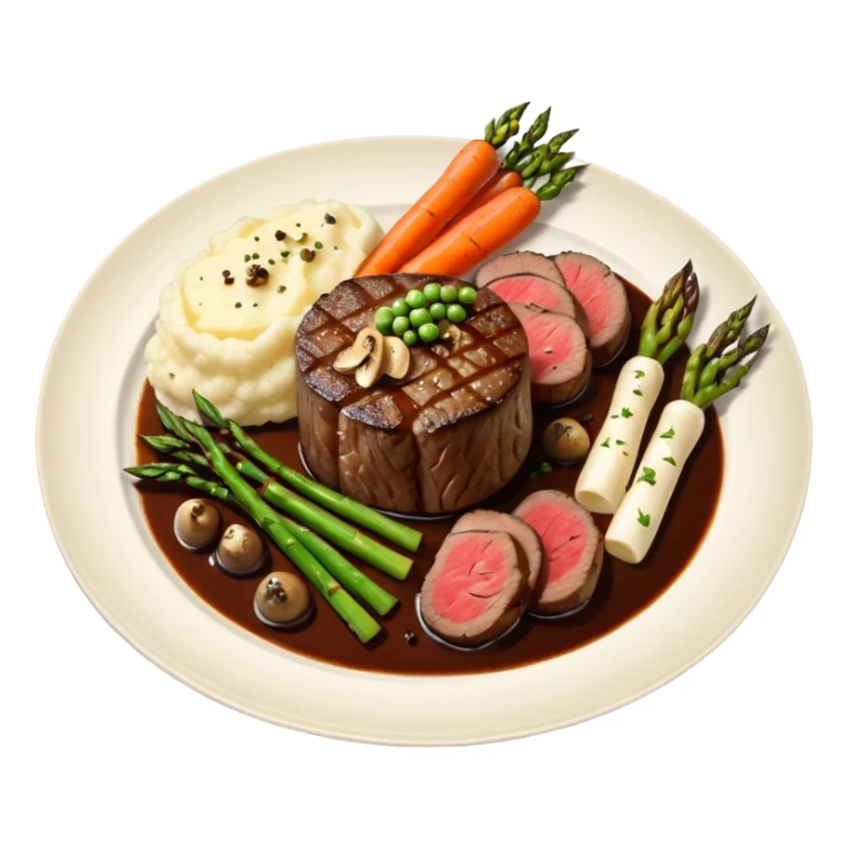 Medium rare Wagyu steak on a bed of creamy garlic mashed-potatoes, coupled with pan seared carrots mushrooms asparagus and a lovely black pepper truffle sause  sticker