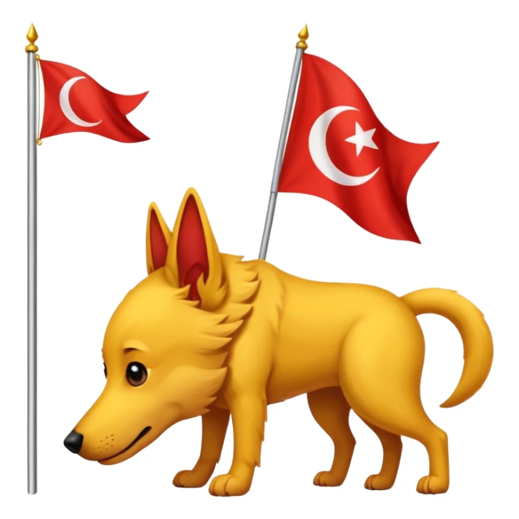 A triangular yellow flag and middle of that flag a red crescent moon within that a Red dog sticker