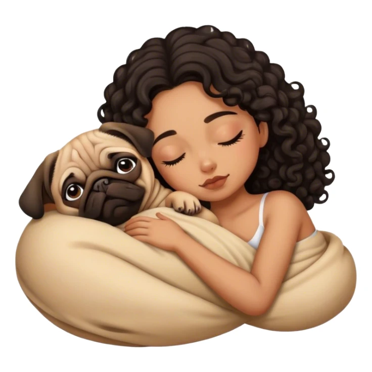 Tan skin girl dark curls sleeping with pug sticker