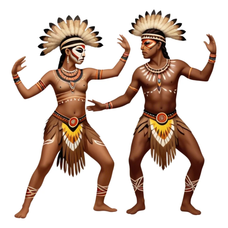 Cinematic Realistic scene of two indigenous dancers performing an Aboriginal Corroboree, adorned in intricate traditional body paint and ceremonial attire, captured in fluid motion with earthy tones and vibrant, cultural lighting sticker