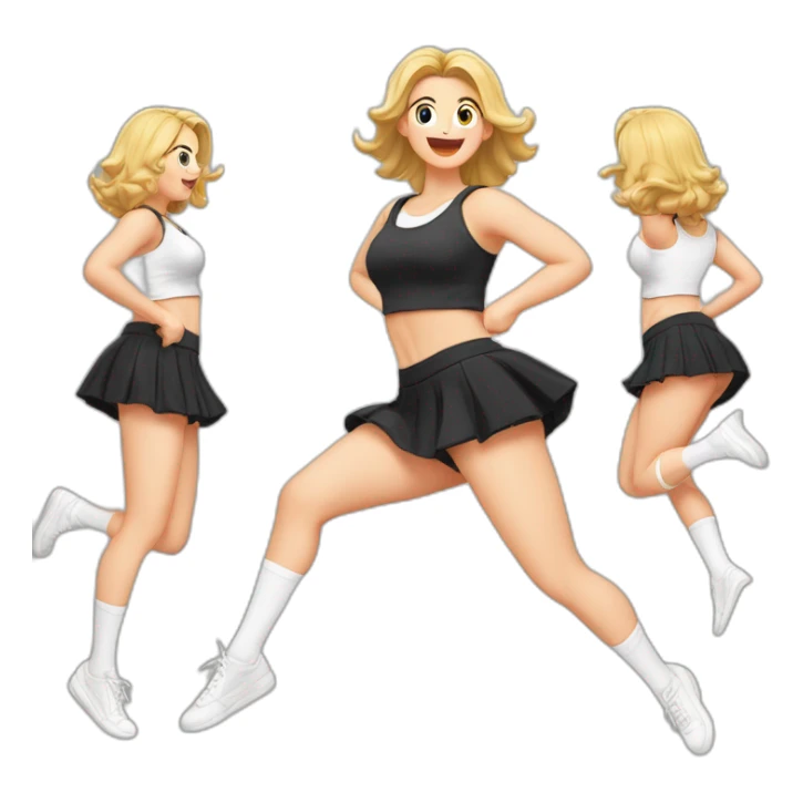 full-body-caucasian-curvy-beauty-jumping-short-black-skirt-back-and-front-views-strong-wind-white-knickers-long-white-socks sticker