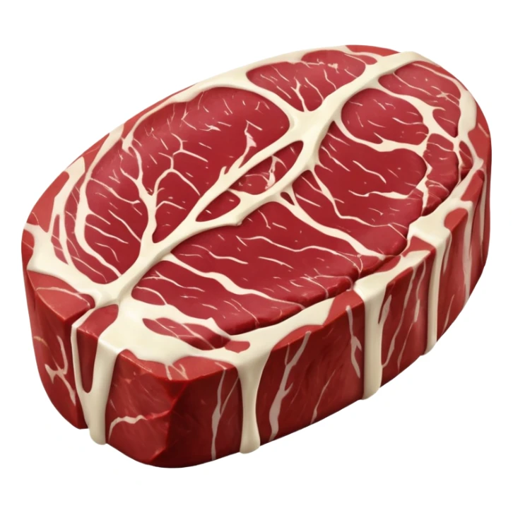 beef chuck steak, raw, irregular oval shape, deep red meat, creamy white fat streaks, visible marbling, slight connective tissue lines, fresh, moist, thick, no plate, knife, or garnish, soft lighting, emoji scale sticker