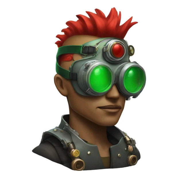 Male cyborg with thin red Mohawk and green steampunk goggles sticker