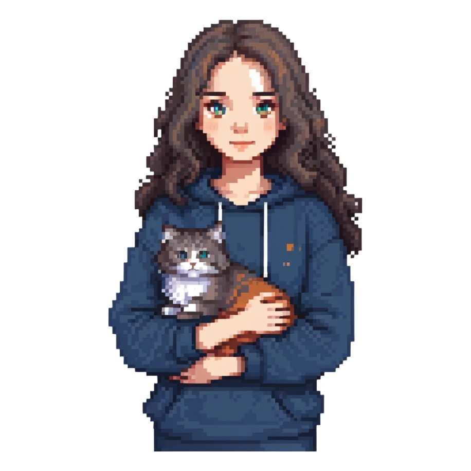 Brunette girl with dark blue sweatshirt lovingly holding a grey Siberian cat, detailed pixel art sticker