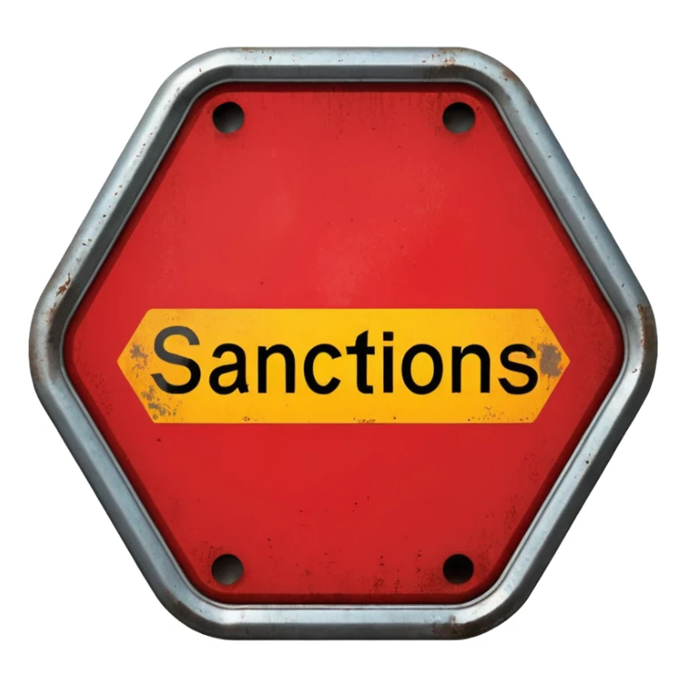 red, road sign, hexagonal, with the inscription SANCTIONS sticker