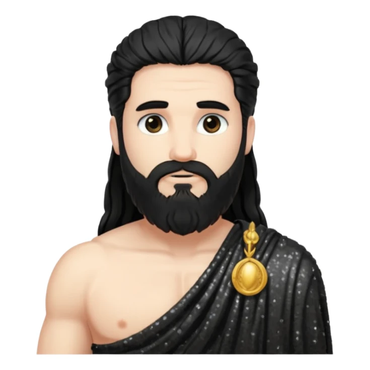Pluto from Roman Deities with long black hair and beard, black sequin toga sticker