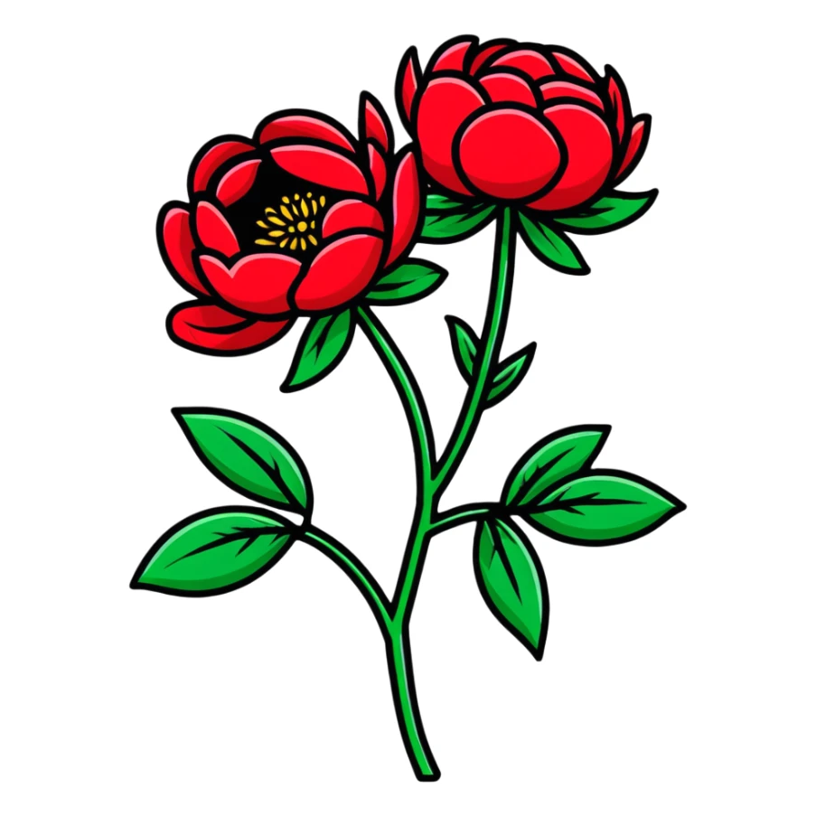 A single red peony flower with green leaves sticker