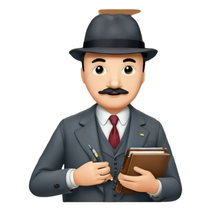 A cinematic-style frame showing Hercule Poirot in his iconic suit with a notebook in a dramatic detective pose. Background should be mysterious city, map, a board with photos of suspects, clues like fingerprints. Transparent background. sticker