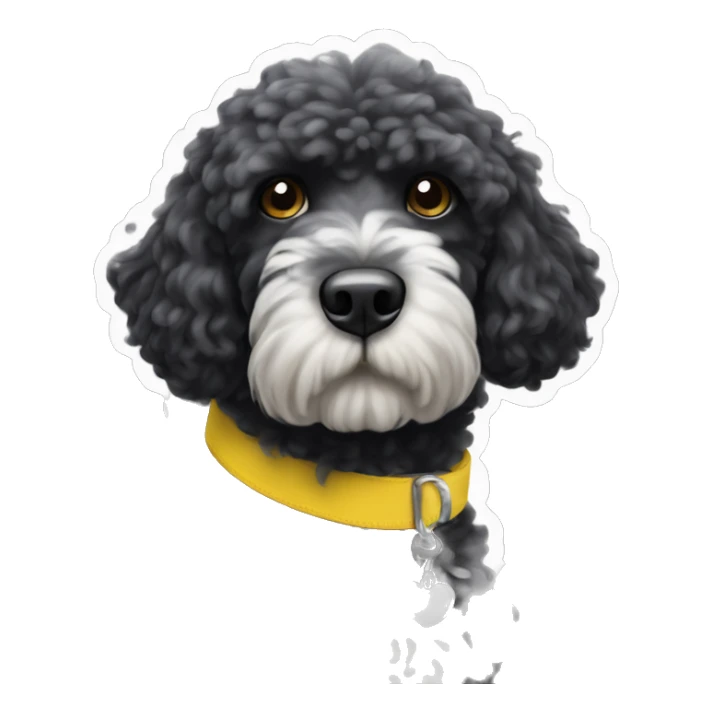 Black portugese water dog with white beard and yellow collar sticker