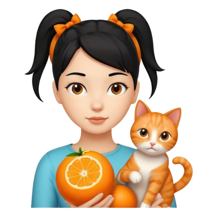 A black haired girl with a high ponytail holding an orange cat sticker