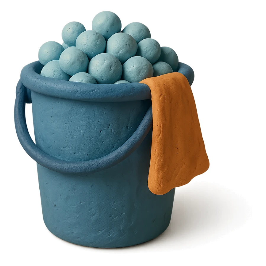 bucket with bubbles and cleaning cloth in claymation style, soft matte finish sticker