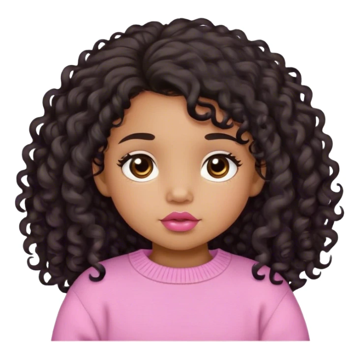 medium brown skin tone, very adorable toddler, with big plump lips, long long lashes, black curly long hair, brown eyes, pink sweater sticker