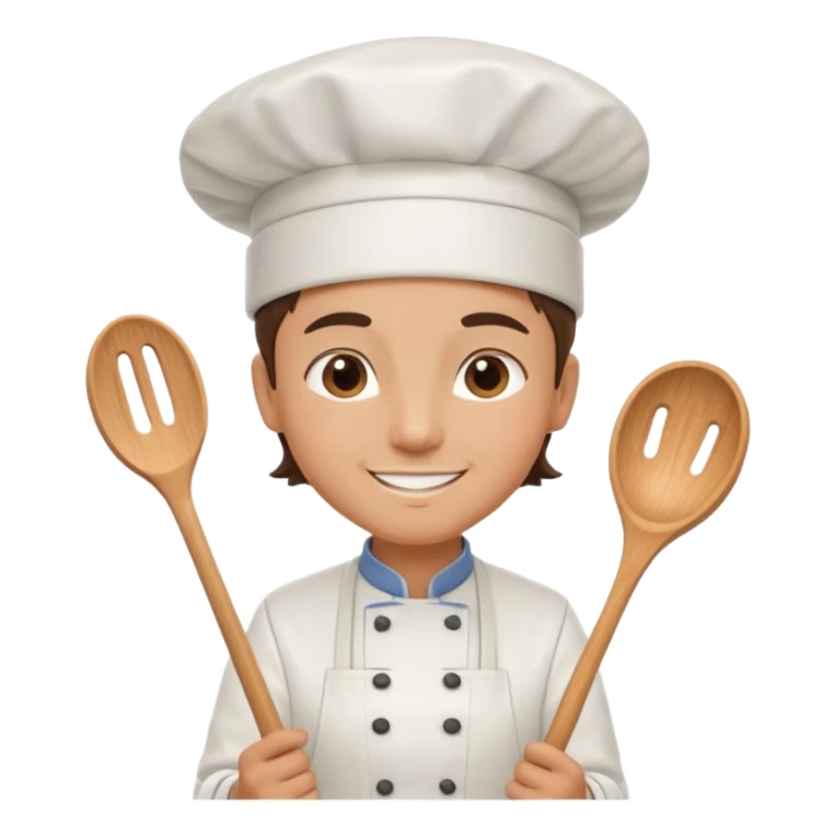 modern chef Alxcooks with white toque, apron, friendly smile, holding a cooking utensil sticker
