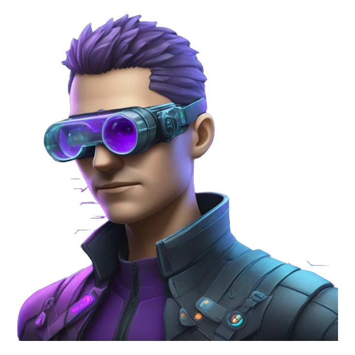 Secret human agent with  cyberpunk elements with a spyglass scanning looking reviewing multicolor lines of code, cyan and purple colors, only upper body portrait sticker