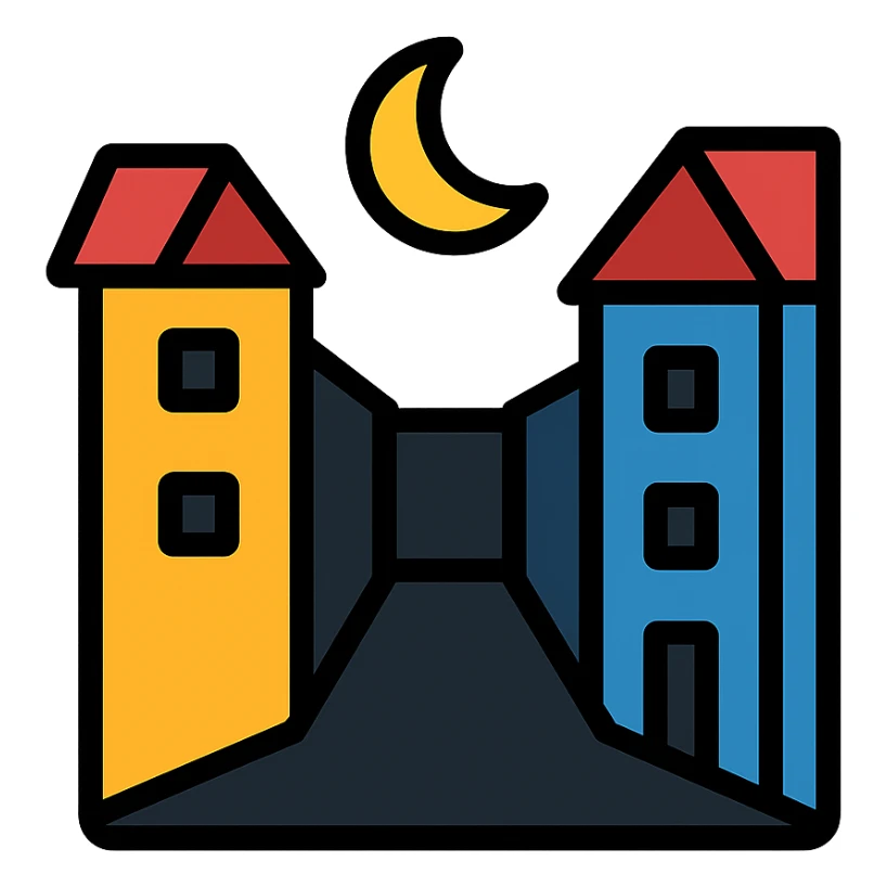 dark alley, dark street among houses sticker