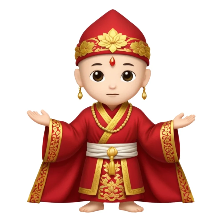 A small chibi-style monk character with red ceremonial robe with layered fabric and decorative gold-like patterns and an ornate red monk hat shaped like lotus petals.

 sticker