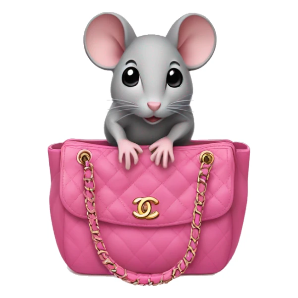 Grey mouse is sitting in a pink chanel bag sticker