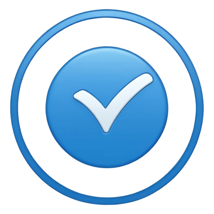 A small, flat emoji-style blue verification checkmark, inspired by TikTok’s verified badge. Solid bright blue circle with a crisp white checkmark in the center. Minimalist design, smooth edges, high contrast, transparent background, vector-style, centered, clean emoji look, no text, no shadows. sticker