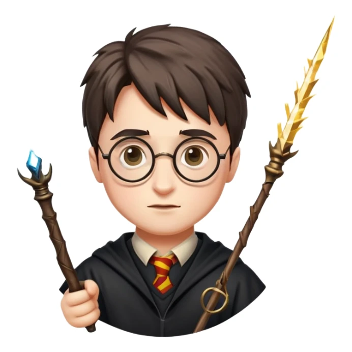 Harry Potter with round glasses, lightning scar, and wand sticker