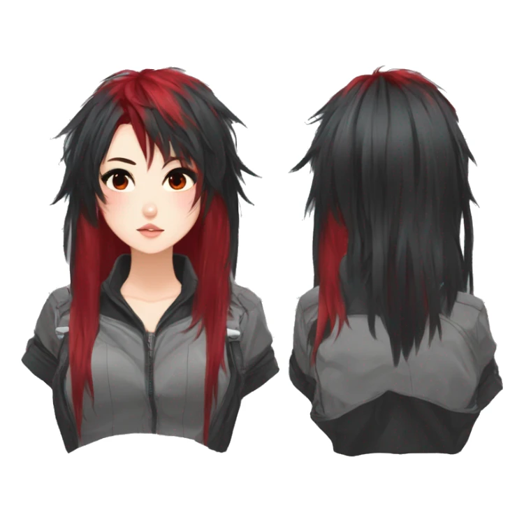 Gorgeous anime style tomboy-lady with blushing face aesthetic and pretty edgy black red punk hair with hair garment trending style sticker