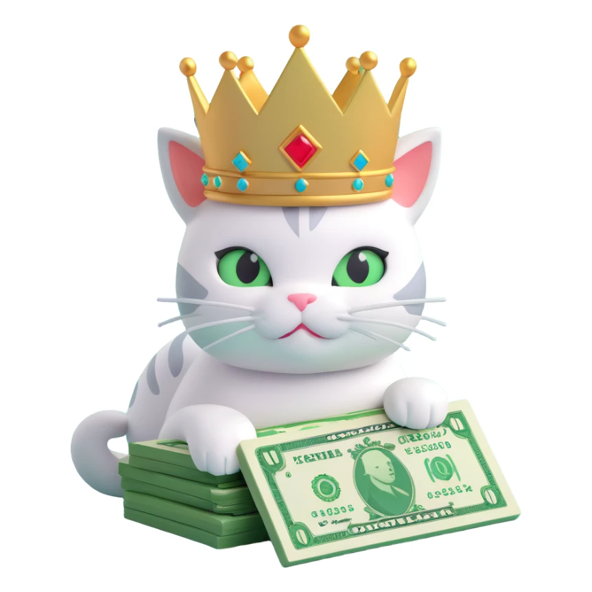 a very cute cat with a crown lying on greenish light green money sticker