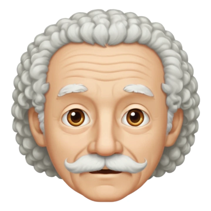 An elderly man emoji fluffy curly white hair, a narrow pointed face, and a thin straight white mustache above his mouth. sticker