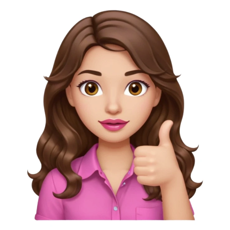 girl with long wavy brown hair, brown eyes, light to medium complexion, in a pink shirt, pink lips, long lashes, puckered lips, thumbs up sticker