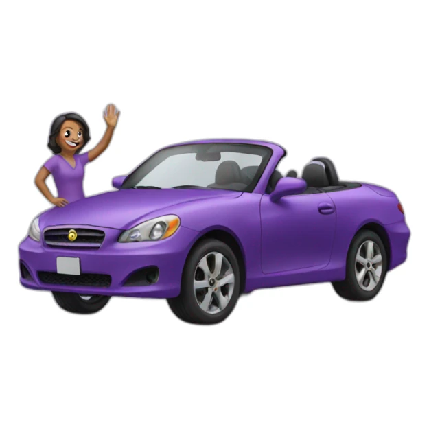 woman getting in a purple car while waving sticker