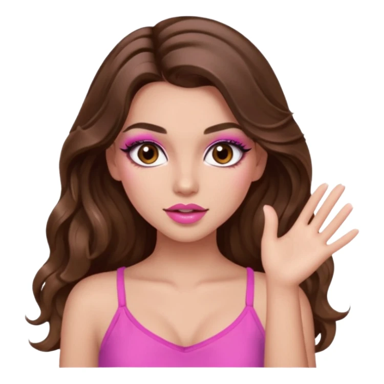 girl with long wavy brown hair, brown eyes, long lashes makeup, sexy pink lips, light to medium complexion, pink sexy top,slapping sticker