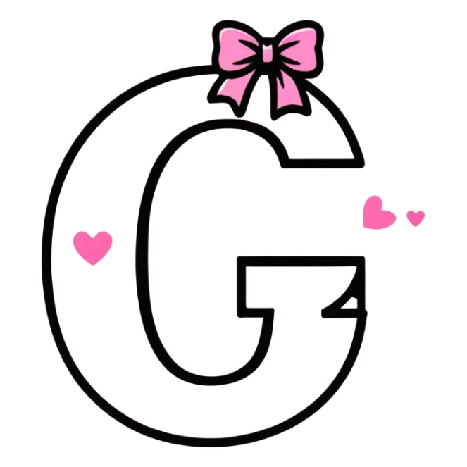 dark pink letter G with a light pink bow around it and floating glittery pink hearts sticker