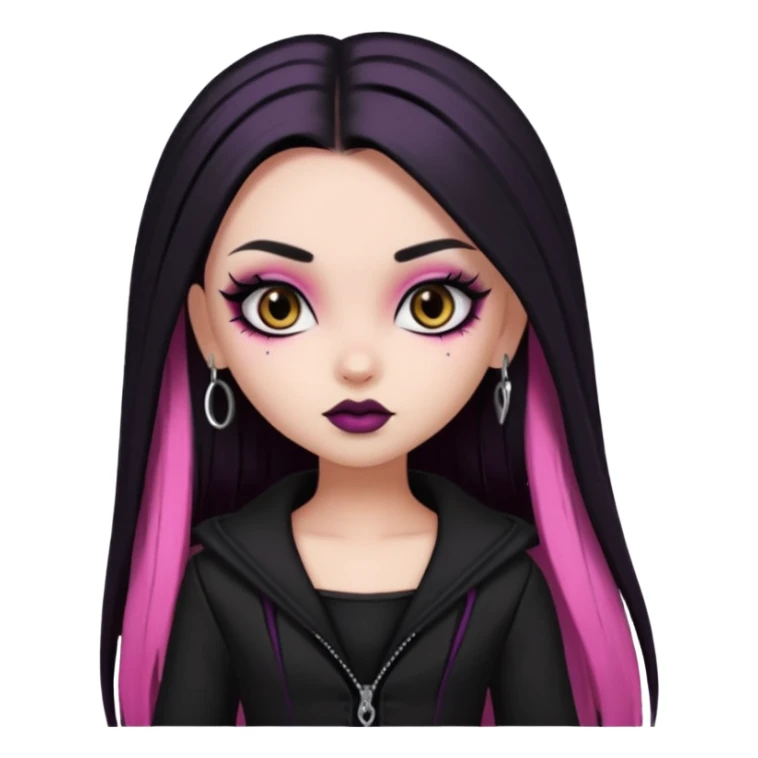 goth bratz baddie, beautiful brown eyes, gothic black makeup, long straight black-pink hair, black gothic hair styled, black goth clothes sticker