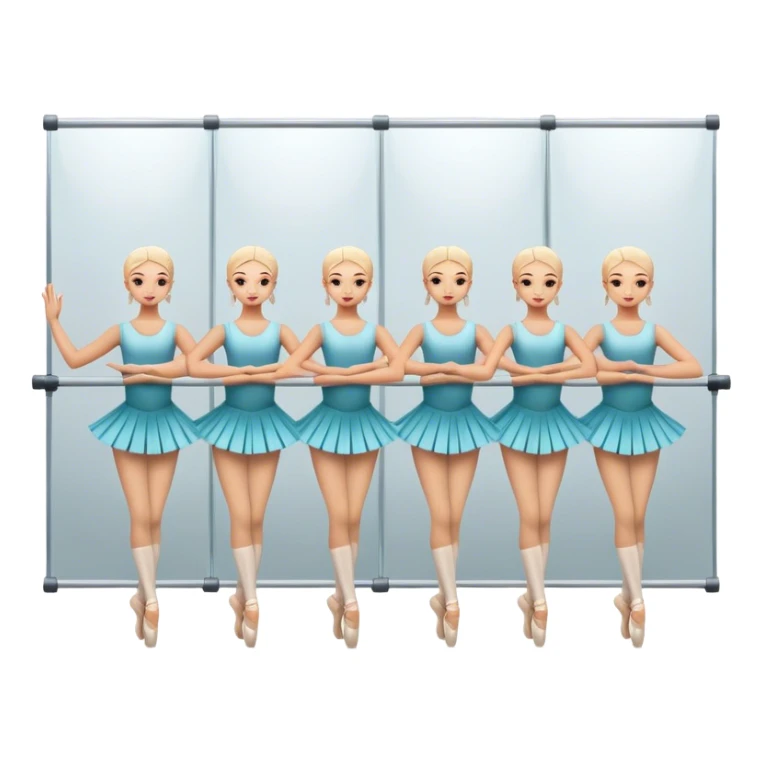Icon for Choreography: a group of dancers in identical poses, standing by a wall with all wall long mirror, holding a long barre with one hand. The icon should capture the discipline and synchronized movement of dance training. Transparent background. sticker