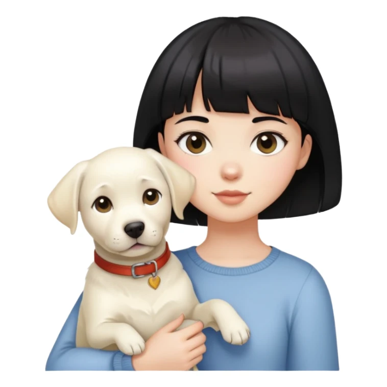 A girl with short black hair and bangs holding a white Labrador sticker