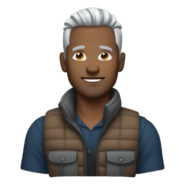 Finance bro with light grey short spike hair, brown skin and mountain hardwared puffer vest over blue shirt sticker