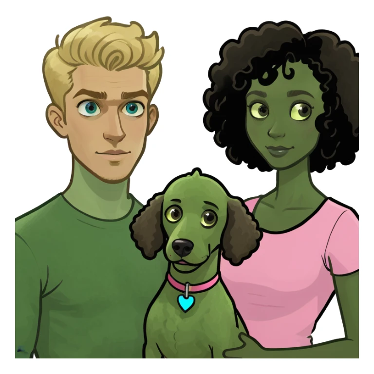 Create an emoticon depicting two people. One person is a tall man with blonde hair and blue eyes. The other is a shorter woman with dark brown hair, brown eyes, and brown skin. Between them, there is a large black poodle standing. sticker