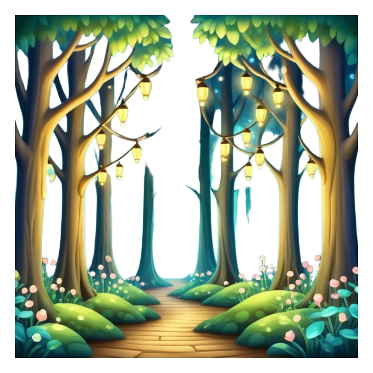enchanted forest with tall trees, sparkling lights, whimsical atmosphere sticker