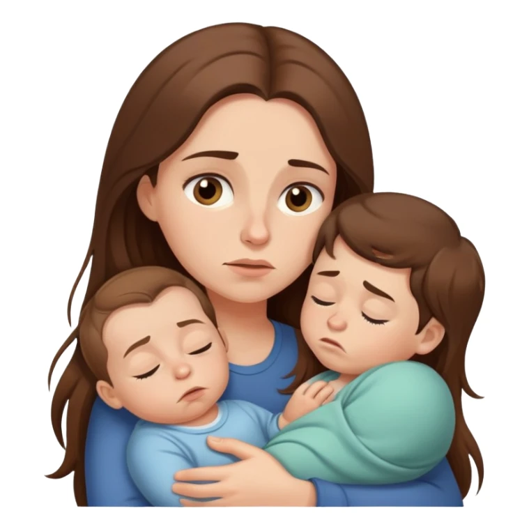 Exhausted mom with long brown hair and baby boy sticker