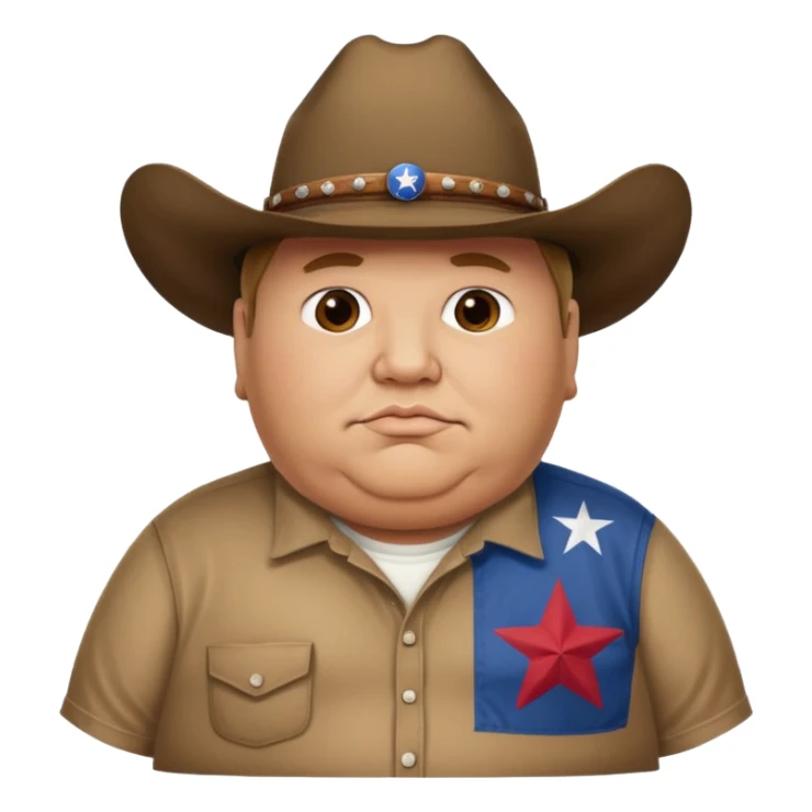 An extremely obese man with a cowboy hat and Texas flag t-shirt sticker