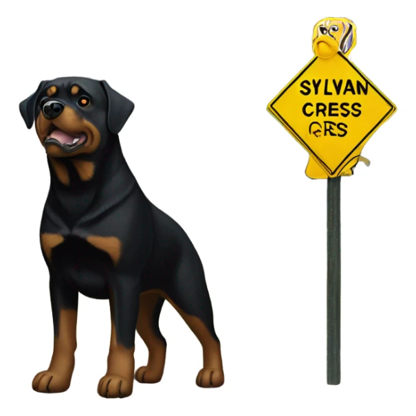 Rottweiler standing next to street sign saying sylvan cres sticker