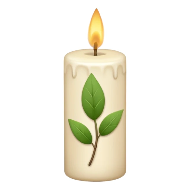 Minimal emoji-style illustration of a candle with a tiny green leaf accent, earthy neutral colors, soft rounded shapes, clean aesthetic look. sticker