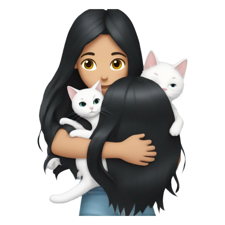 girl with very long black hair and  hugging a white cat sticker