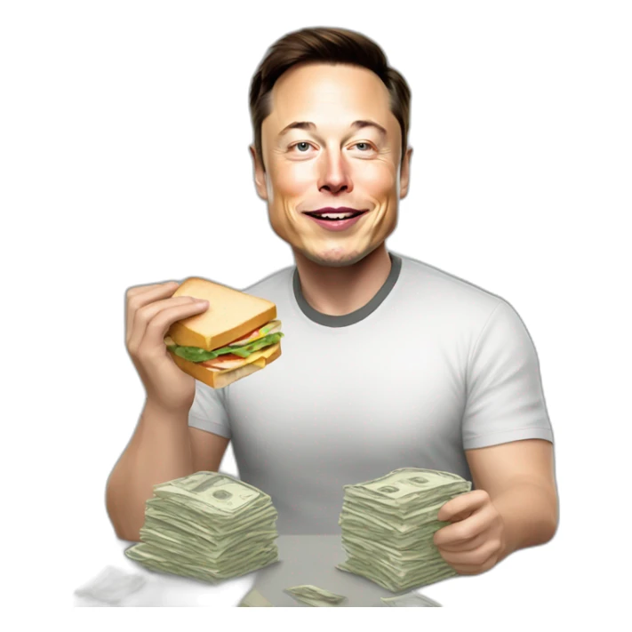 elon musk. eating a sandwich filled with dollar bills. money sticker