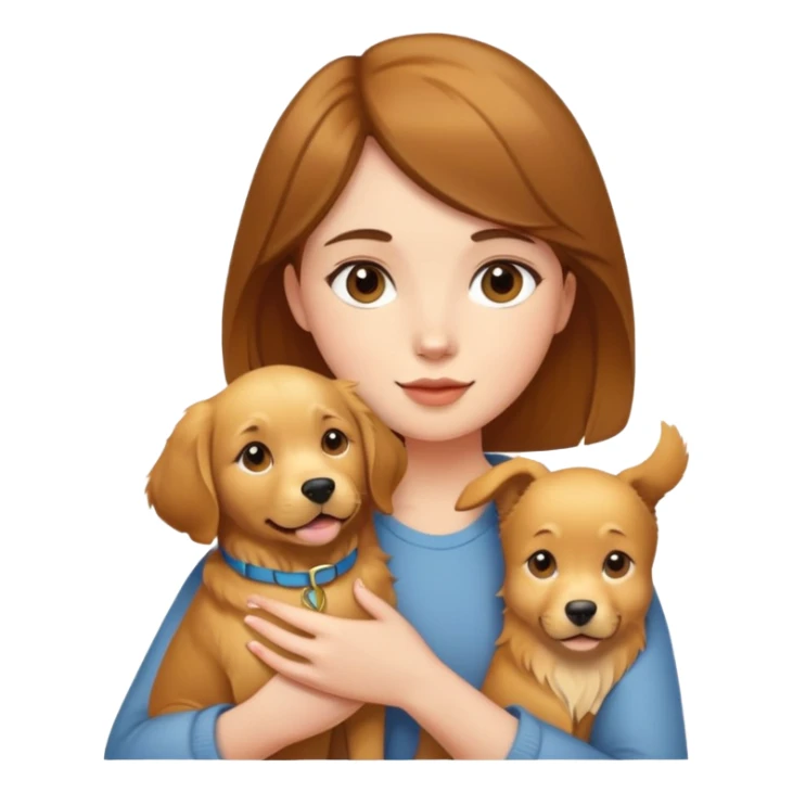 A beautiful short brown-haired girl holding a golden retriever sticker