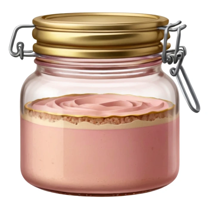 small glass jar filled with coarse beige to light pink pâté, smooth slightly uneven surface, metal lid, visible layers of texture through transparent glass, fine fat cap on top, no label, no garnish, no bread, sealed jar, soft lighting, subtle shadows, emoji scale sticker