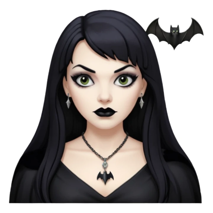 vampira mulher branca com cabelo preto longo com franja acima da sobrancelha e lábios com batom preto com colar preto e pingente de morcego preto sticker